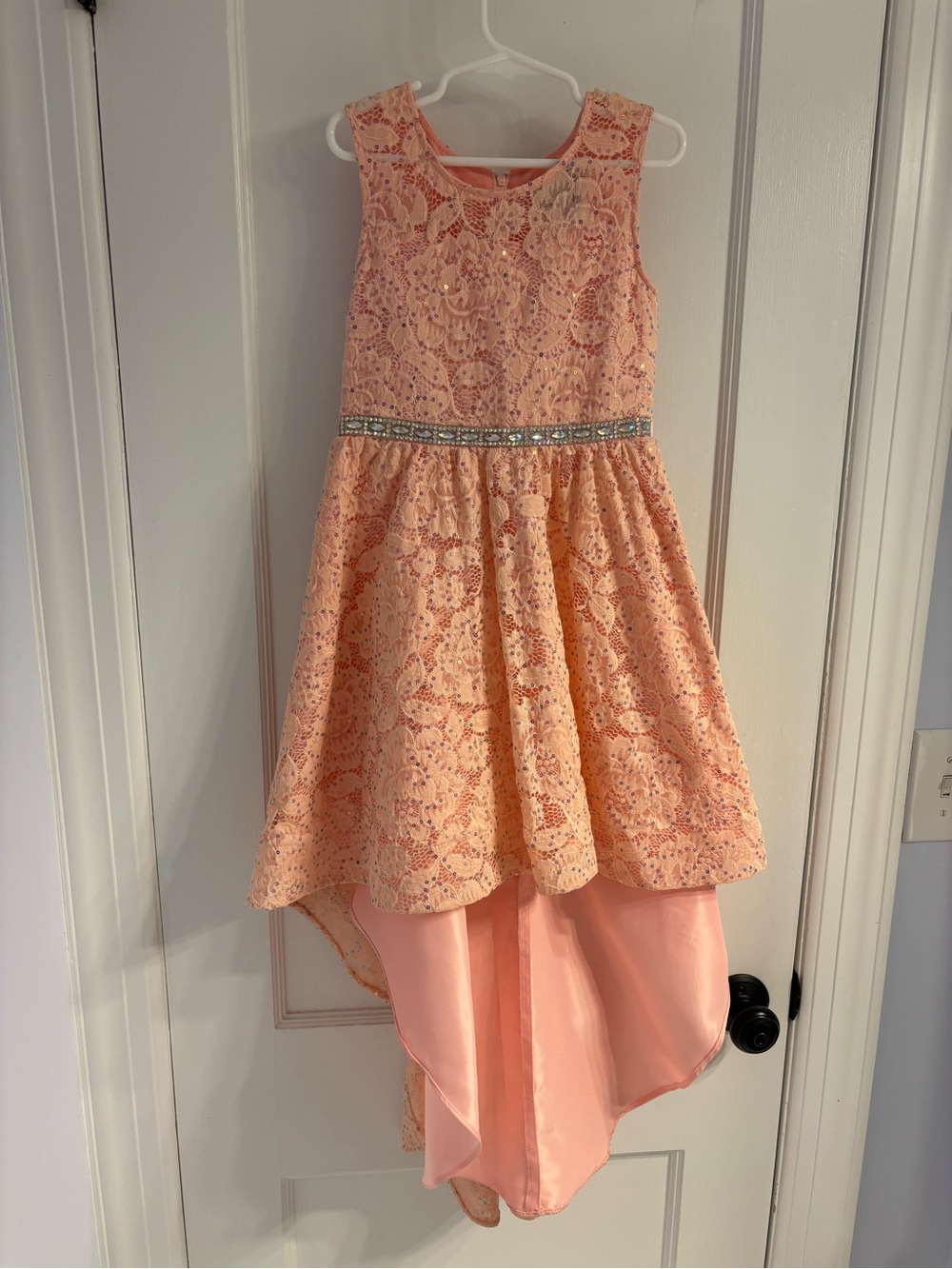 Rare Editions Peach Lace High-Low Dress with Rhinestone Waist